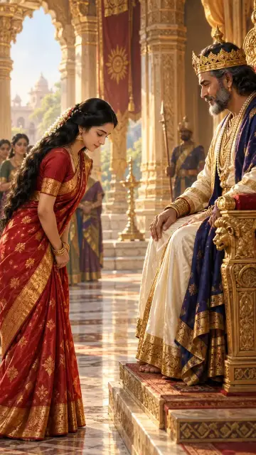A young woman in a red sari bows her head before a crowned king on his throne in a pillared hall.